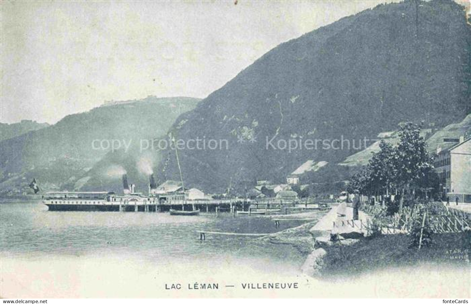 Villeneuve Lac Leman VD Lac-Léman Dampfschiff Anlegesteg Uferpromenade Berge