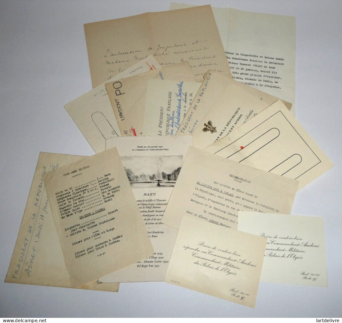 Vincent AURIOL - Lot d'invitations à des diners avec le Prés. de la République