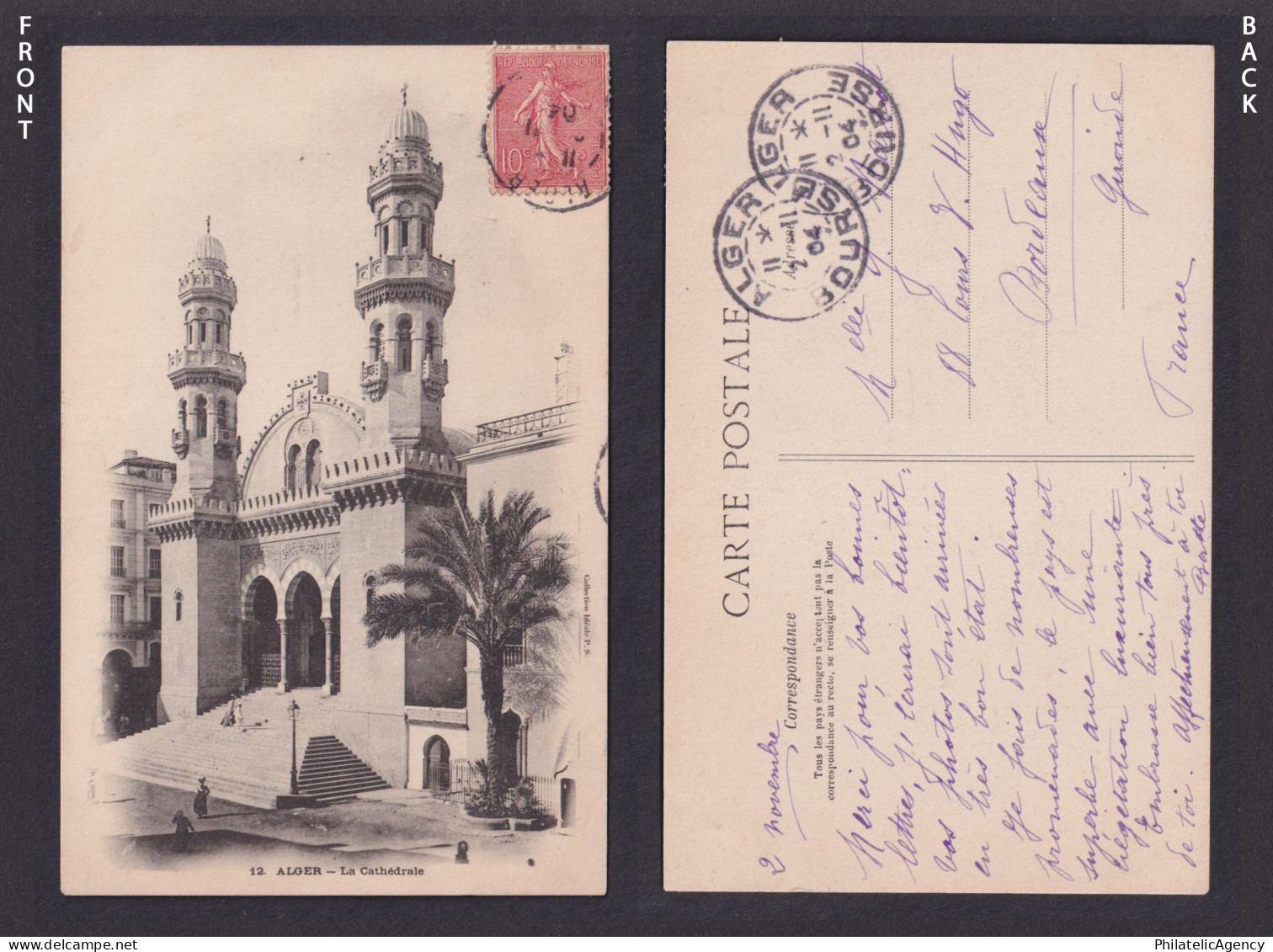 Vintage postcard Algeria Algiers La Cathedrale Church 1904 Alger-Bourse Cancel