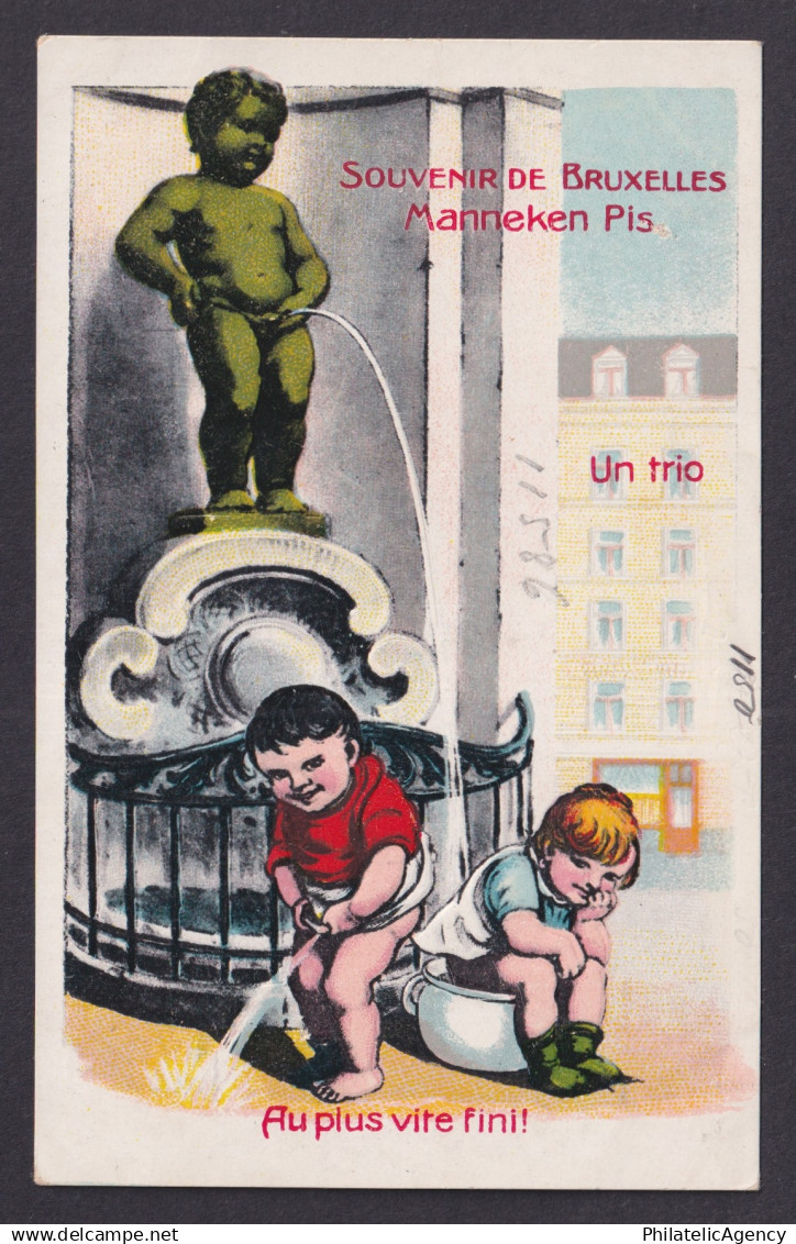 Vintage Postcard Belgium Brussels Manneken Pis Trio Humor