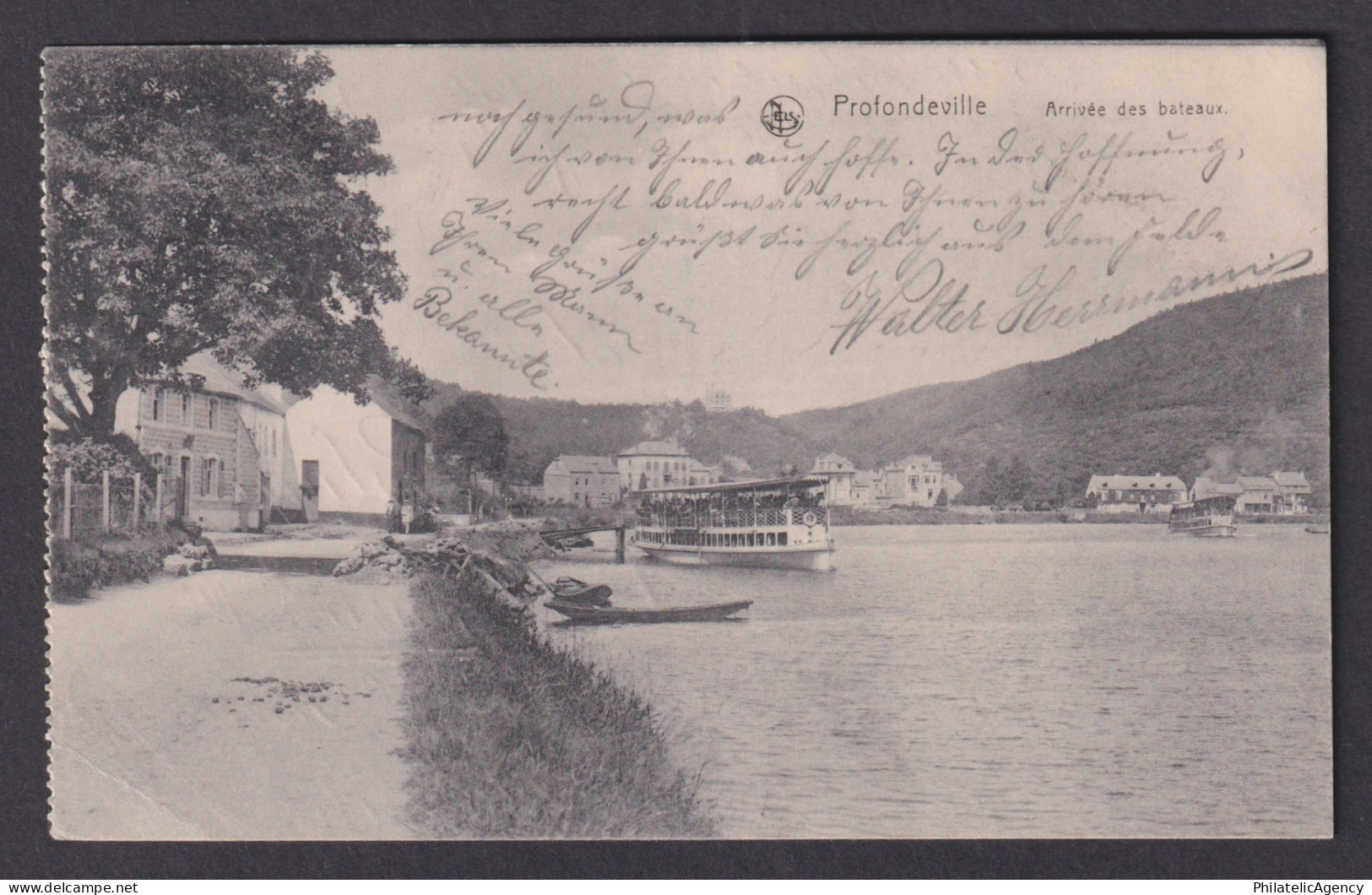 Vintage Postcard Belgium Profondeville Arrival Boats Fieldpost 1915
