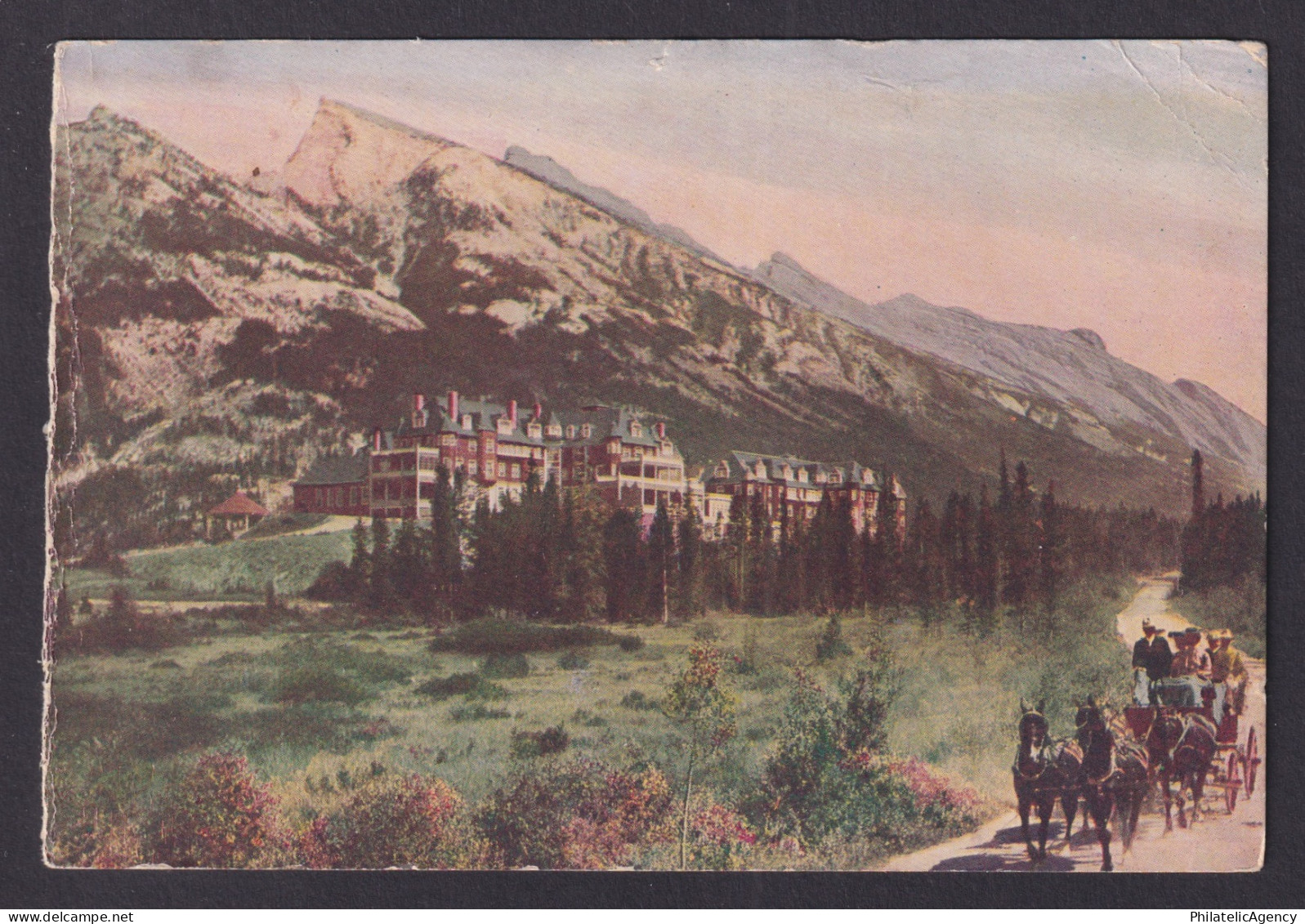 Vintage postcard Canada Banff Alberta Old Banff Springs Hotel Mountains Carriage