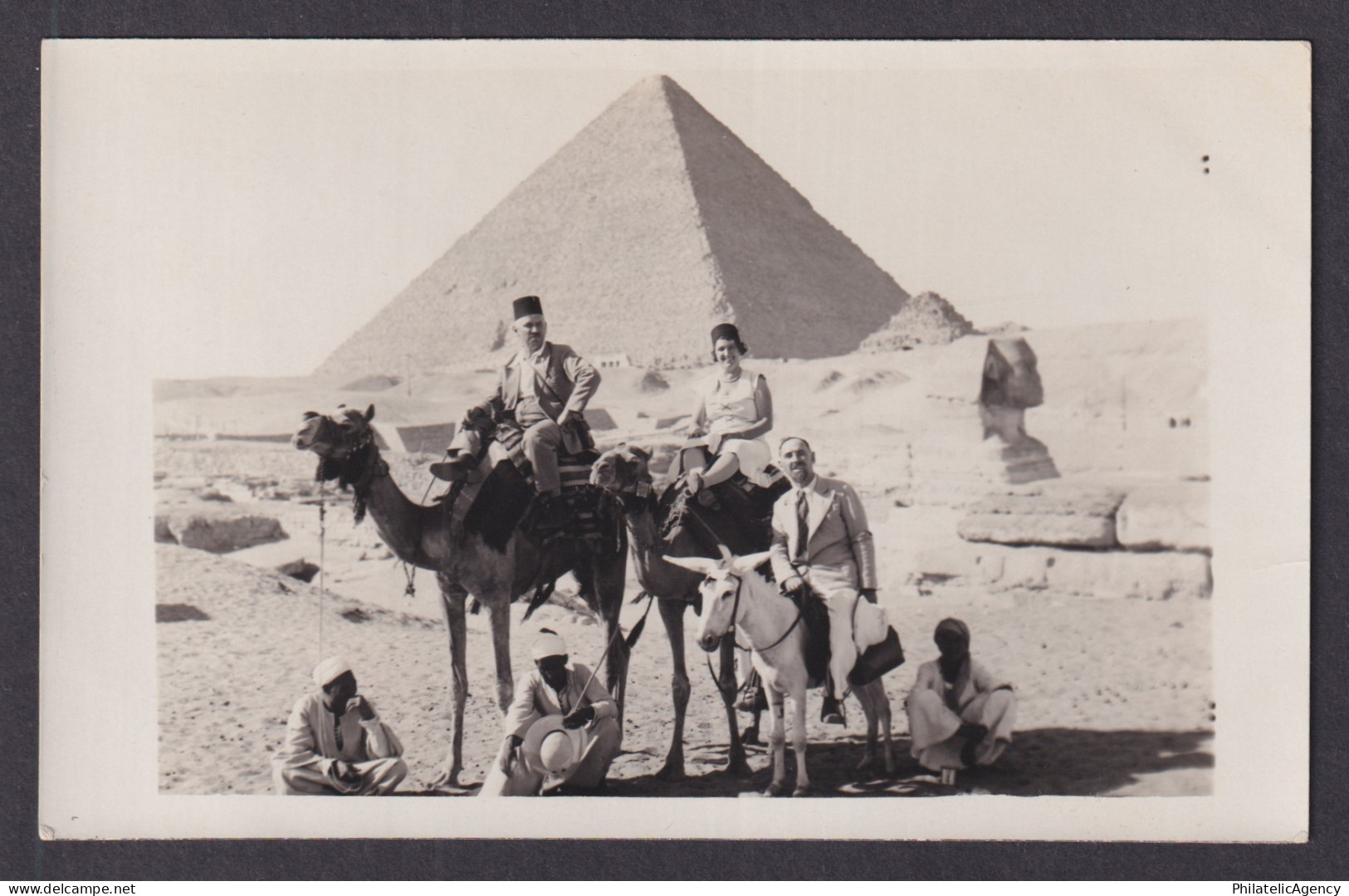 Vintage postcard EGYPT Cairo Travelers on Camels near Sphinx RPPC