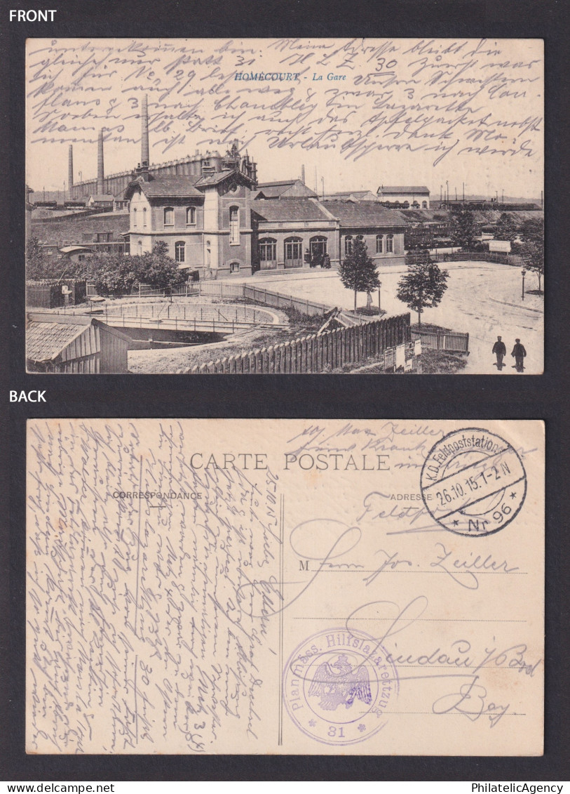 Vintage postcard France Homecourt station railway street view WWI Feldpost