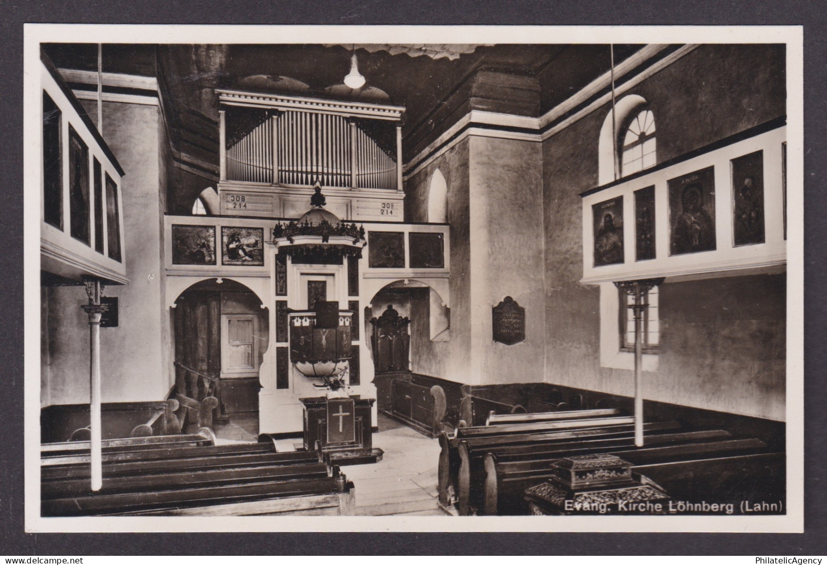 Vintage postcard Lohnberg Evangelical church interior altar organ Hesse 1930s
