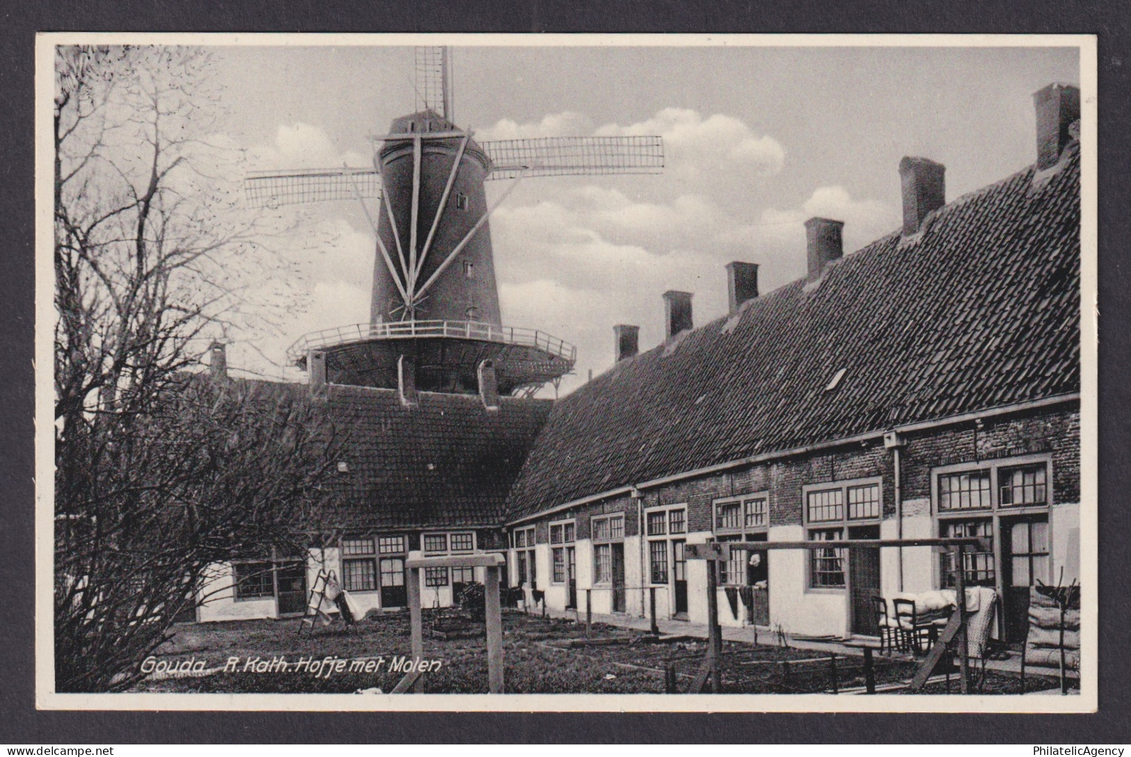 Vintage Postcard Netherlands Gouda Courtyard with Mill