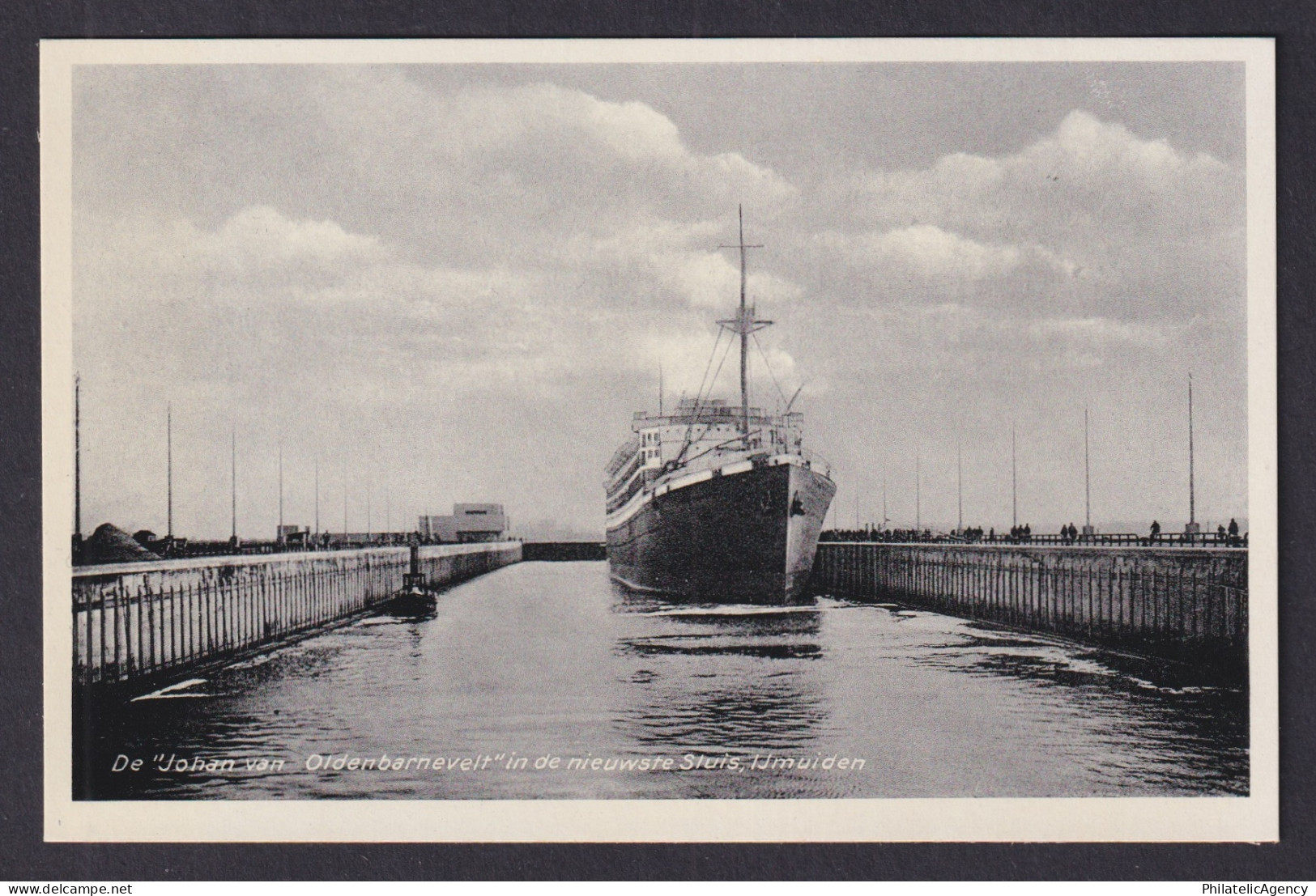Vintage postcard Netherlands IJmuiden Johan van Oldenbarnevelt ship new sluice