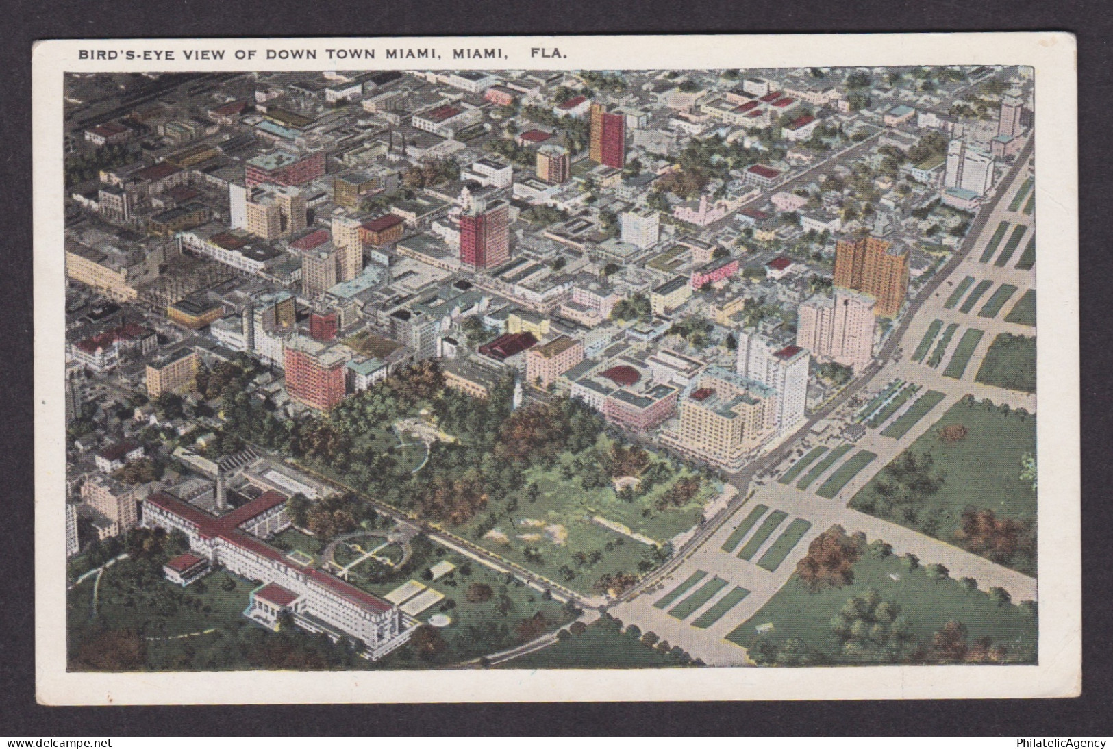 Vintage postcard USA Miami FL Florida Birds Eye View Downtown Bayfront Park