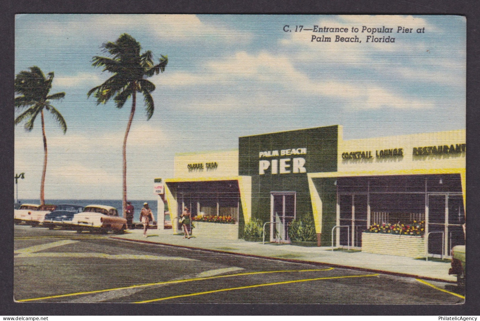 Vintage postcard USA Palm Beach FL Florida Popular Pier Entrance Restaurant Cars