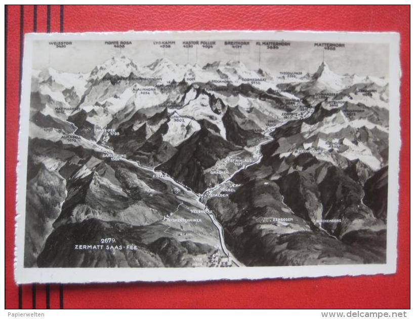 Visp / Saas Fee / Zermatt (VS) - Künstlerkarte Panoramakarte Zermatt Saas-Fee