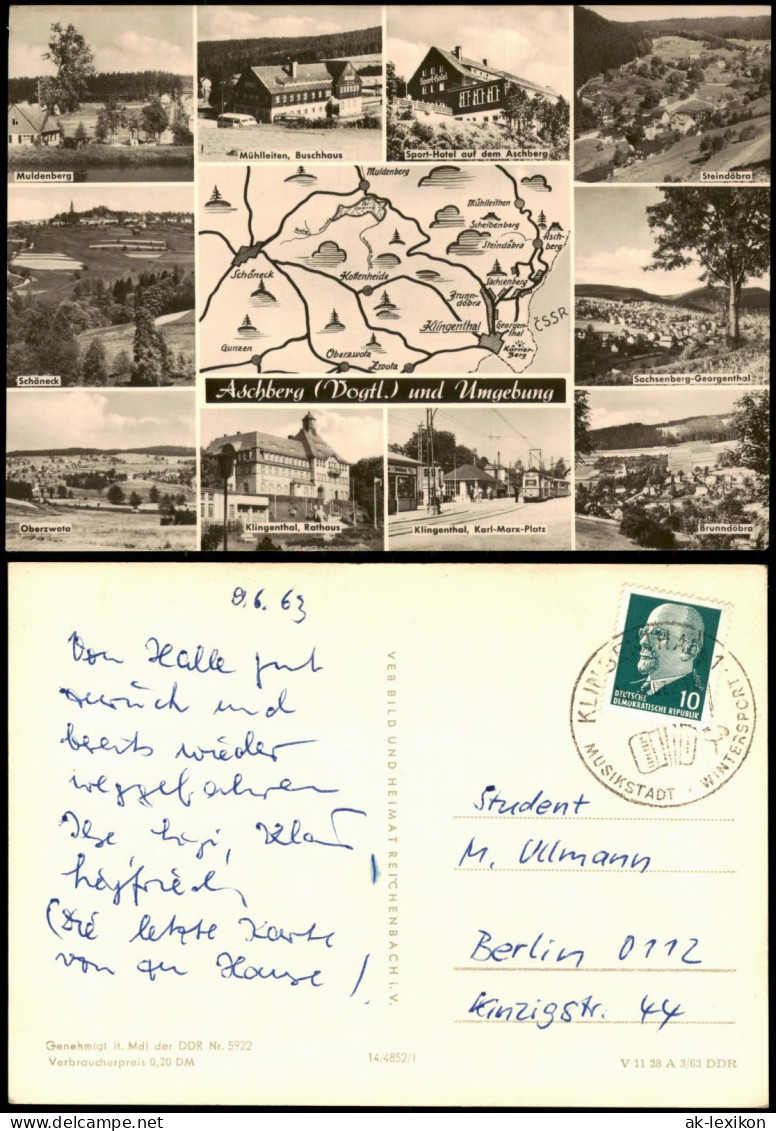 .Vogtland DDR Mehrbild-AK Aschberg Vogtland Landkarte und Orte 1963