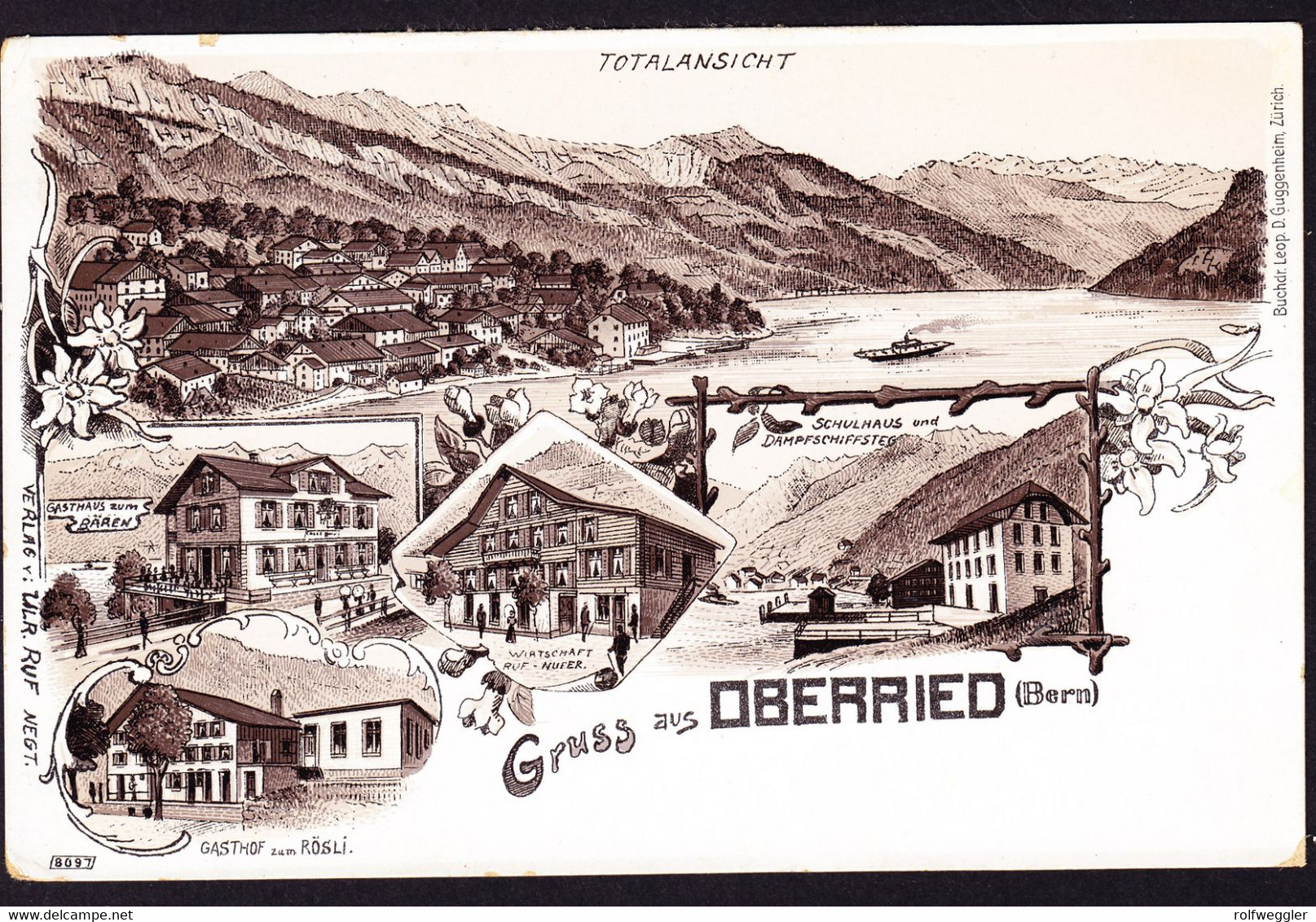 vor 1900 ungelaufene Litho-AK: Gruss aus Oberried, BE. 5 bildrig. Gasthaus zum Bären und zum Rösli,