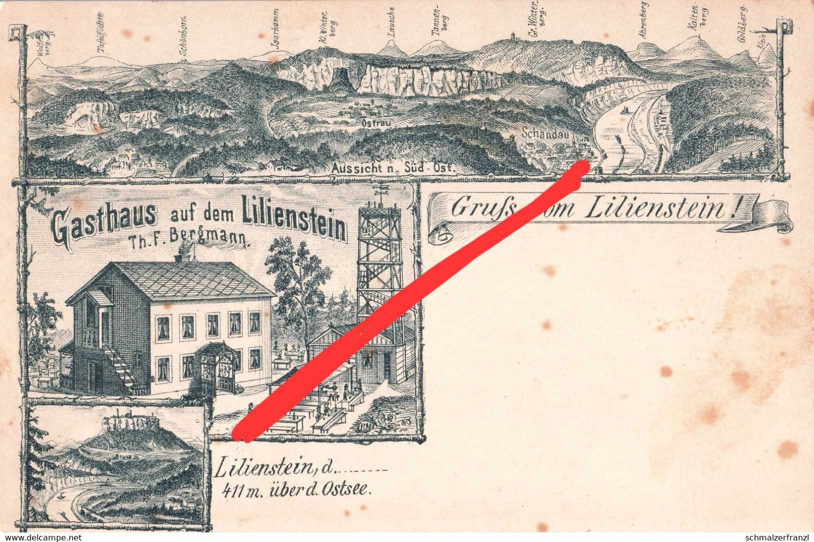 Vorläufer Litho AK Gruß Lilienstein Gasthaus Baude Turm Ebenheit Königstein Ostrau Bad Schandau Pirna Sächsische Schweiz
