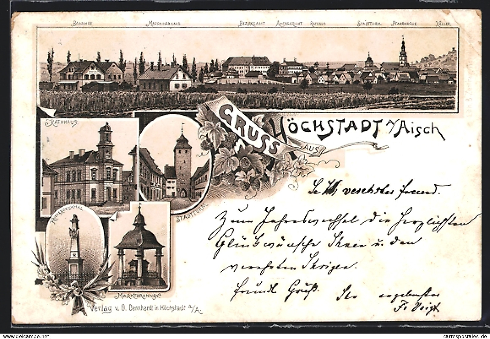 Vorläufer-Lithographie Höchstadt a. Aisch, 1895, Rathhaus, Marktbrunnen und Stadtturm, Bahnhof