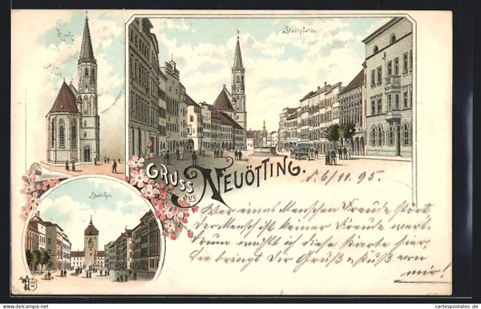 Vorläufer-Lithographie Neuötting, 1895, Stadtplatz, Kirche, Stadttor