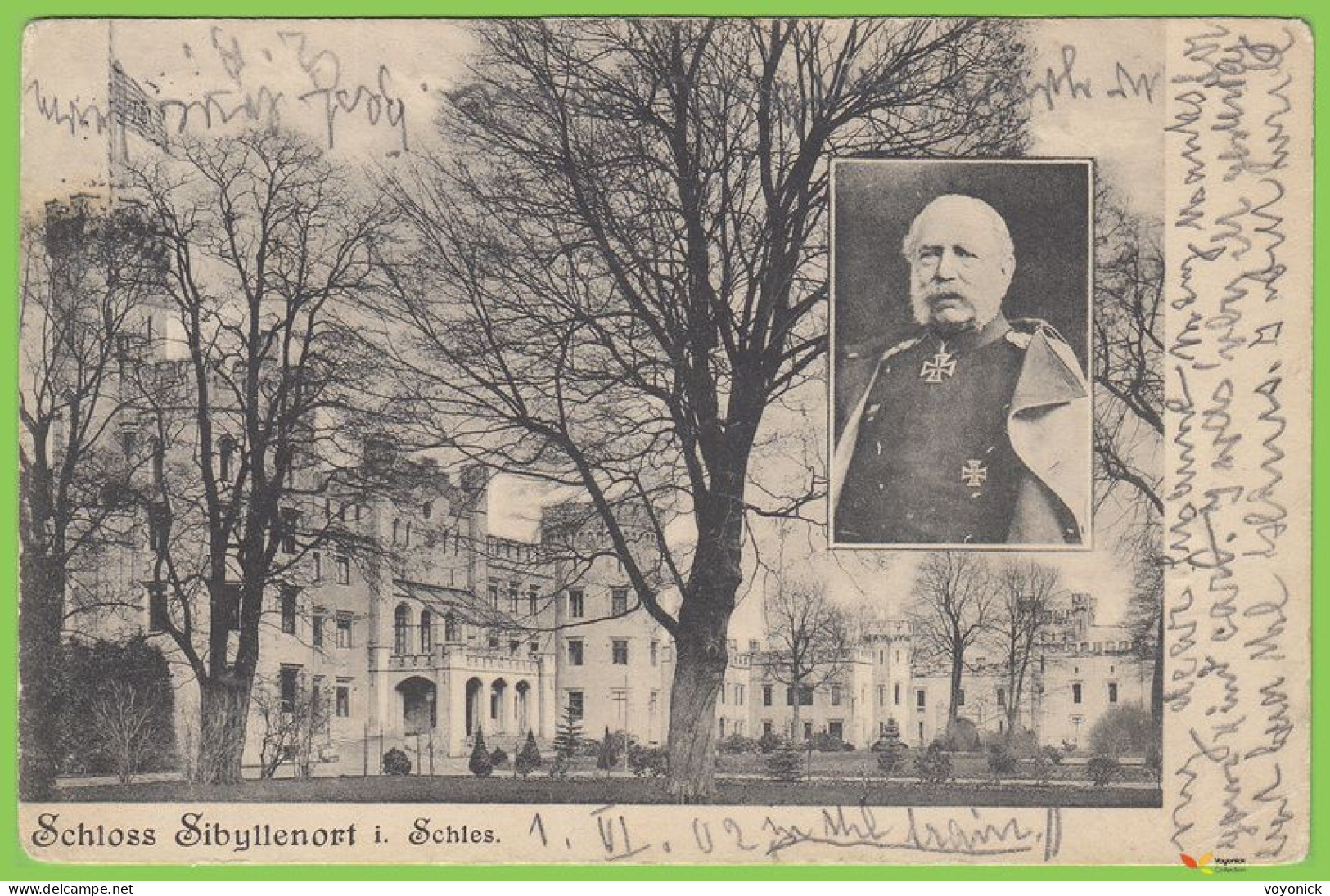 voyo SZCZODRE (SIBYLLENORT i. Schl.) Schloss / König Albert v. Sachsen gest. 19 Juni 1902 Postal Used Richter
