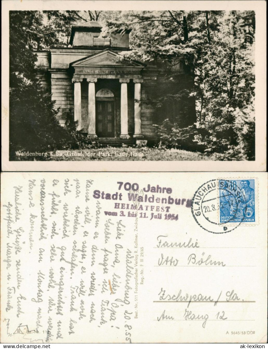 Waldenburg (Sachsen) Grünfelder  Waldenburg Heimatfest"  mit Sonderstempel 1955