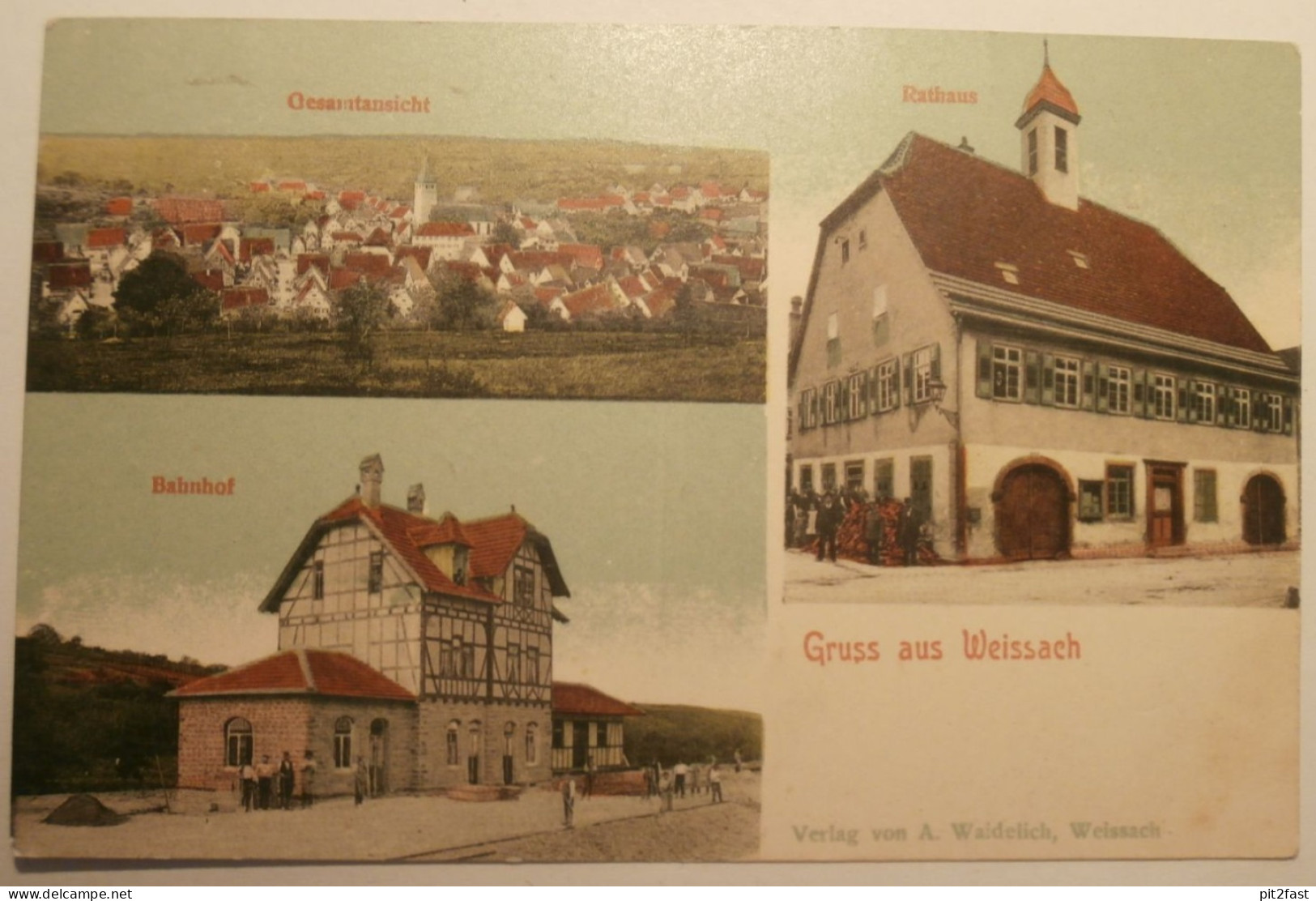 Weissach b. Böblingen , 1914 , Bahnhof , Rathaus , Gasthaus , Restaurant , Ansichtskarte , AK !!