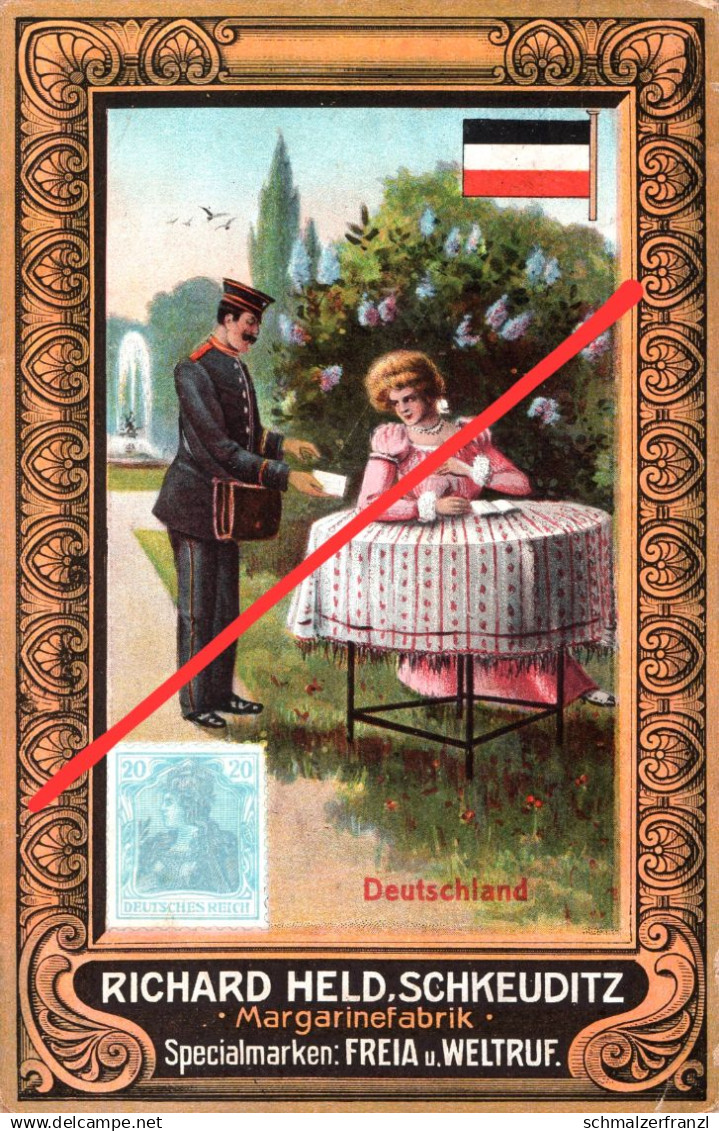 Werbekarte Litho AK Leipzig Schkeuditz Postbote Briefträger DR Margarinefabrik Richard Held Spezialmarken Freia Weltruf