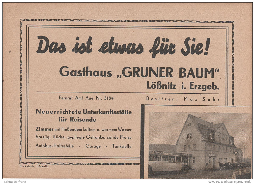 Werbekarte Lössnitz Erzgebirge Gasthaus Grüner Baum mit Bus bei Aue Schlema Schneeberg Alberoda Zwönitz Affalter Lauter