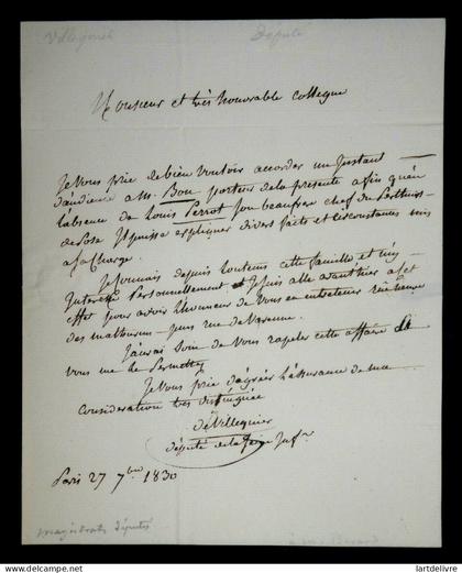 DE VILLEQUIER Jean-Marie - LETTRE AUTOGRAPHE SIGNÉE, 1830