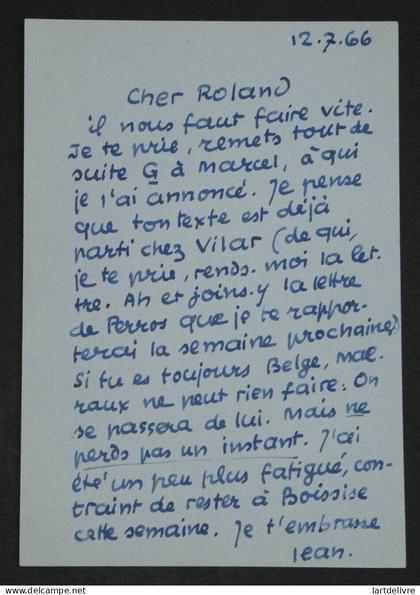 Jean PAULHAN, Écrivain - Lettre autographe signée à "Cher Roland", 1966