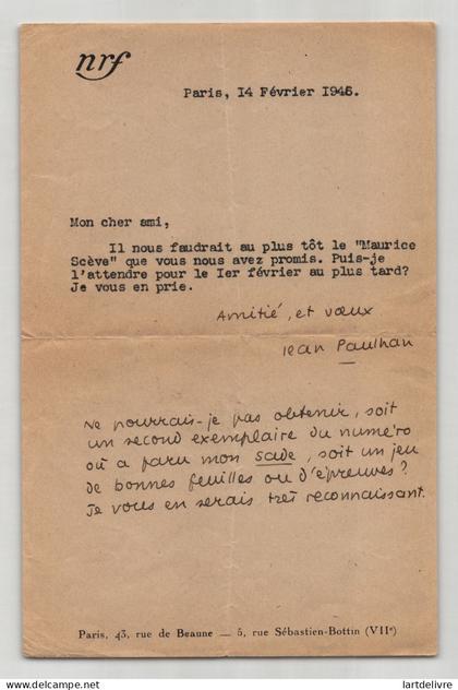 Jean Paulhan - Lettre dactylographiée et autographe signée - 1946