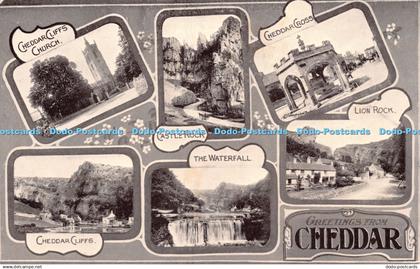 R244815 Greetings from Cheddar Cheddar Cliffs Church Castle Rock Cheddar Cross L