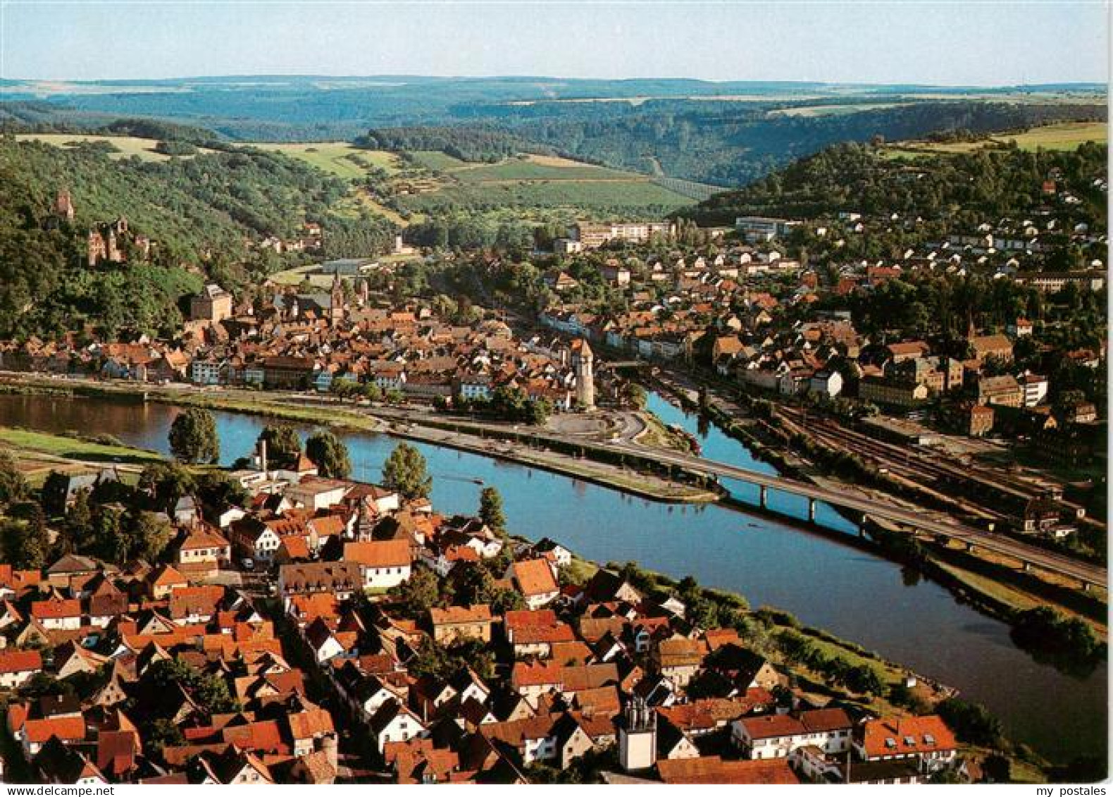 Wertheim Main Blick auf Kreuzwertheim Wertheim mit Altem Schloss und Odenwaldbru