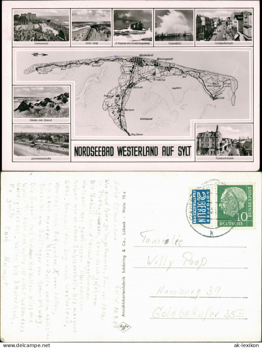 Westerland-Gemeinde Sylt Mehrbild-AK Landkarte, Hindenburg-Damm, Plätze 1954