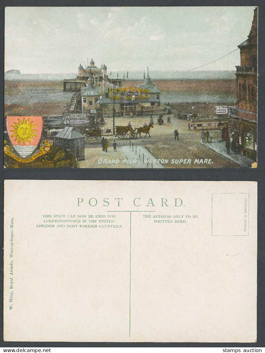 Weston-Super-Mare Old Postcard Grand Pier, Beach Street Scene Horse Coat of Arms