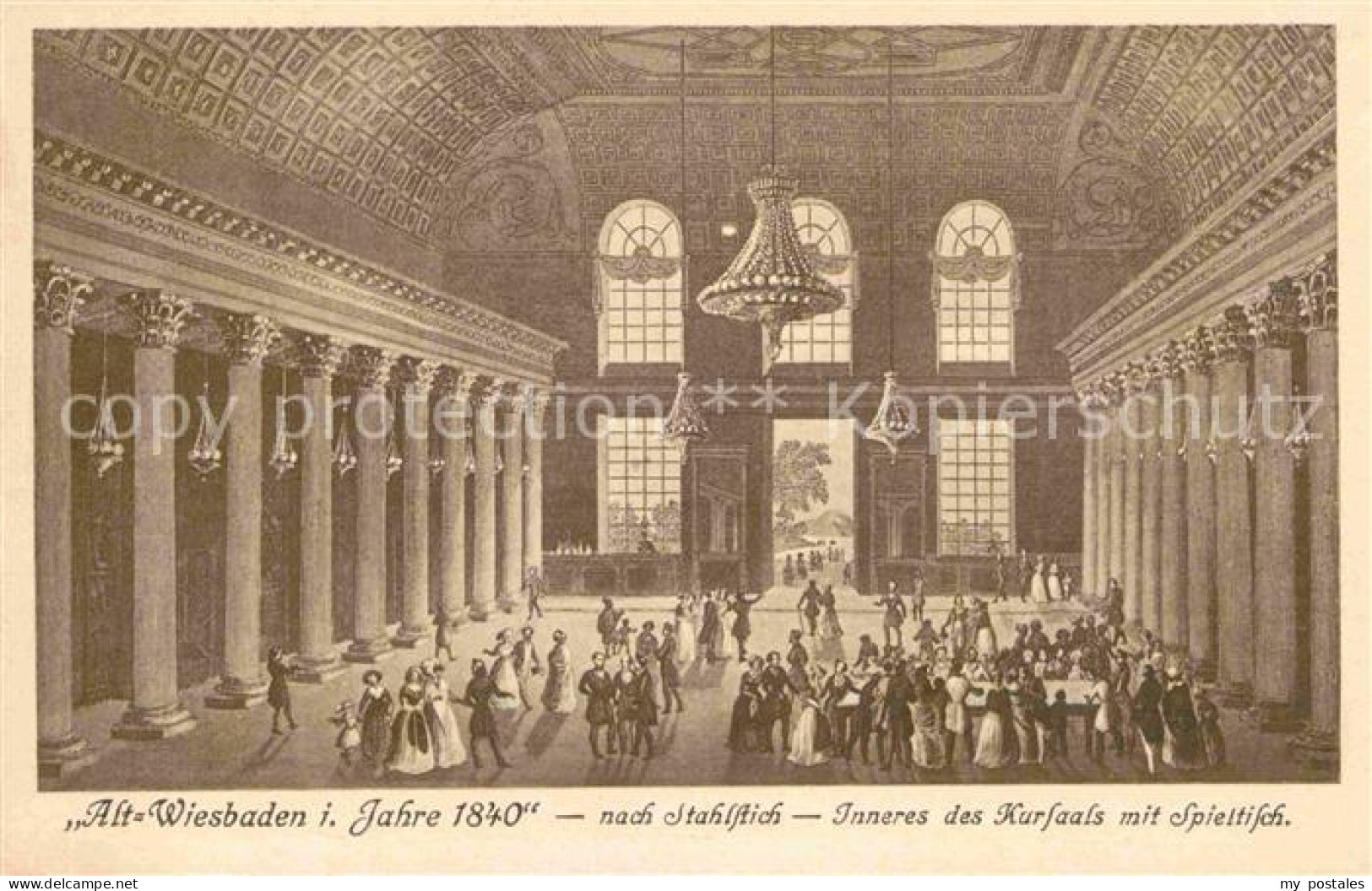 Wiesbaden Alt Wiesbaden 1840 Kursaal Spieltisch nach Stahlstich