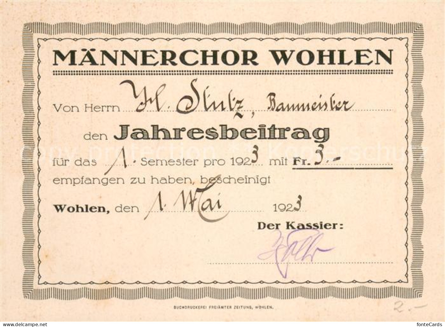 Wohlen AG Maennerchor Wohlen Jahresbeitrag Kassenbeleg