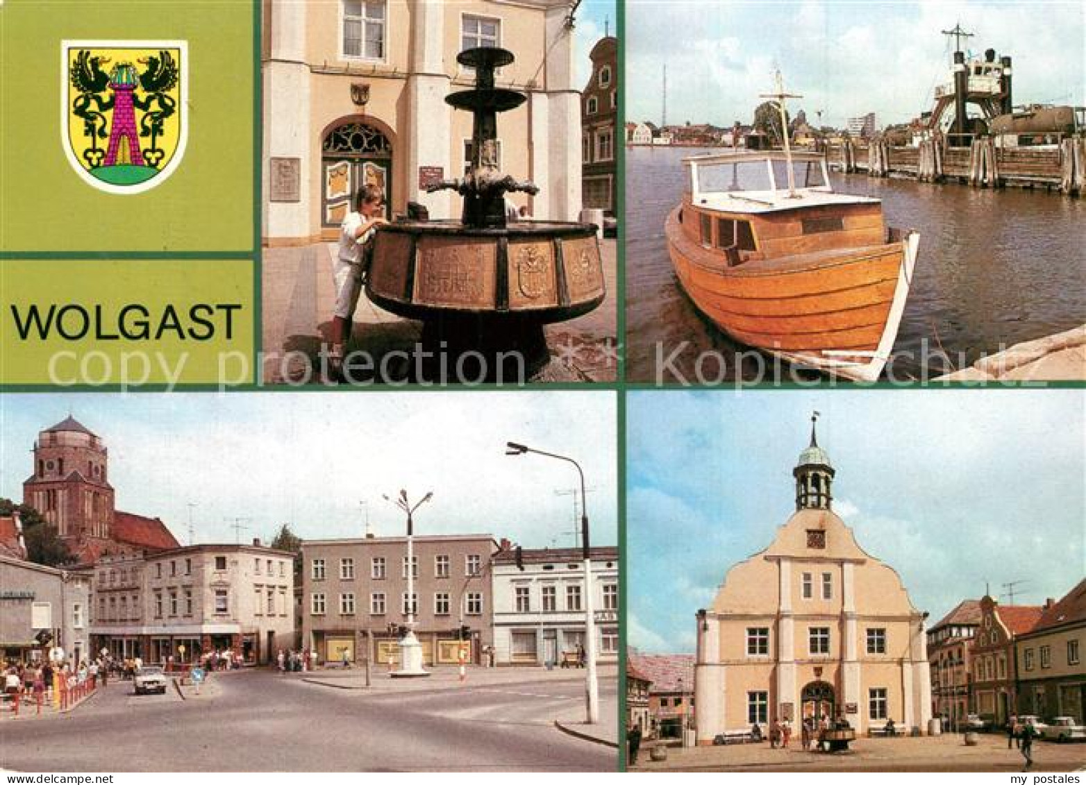 Wolgast Mecklenburg-Vorpommern Rathausbrunnen Faehrschiff Stralsund Platz der Ju