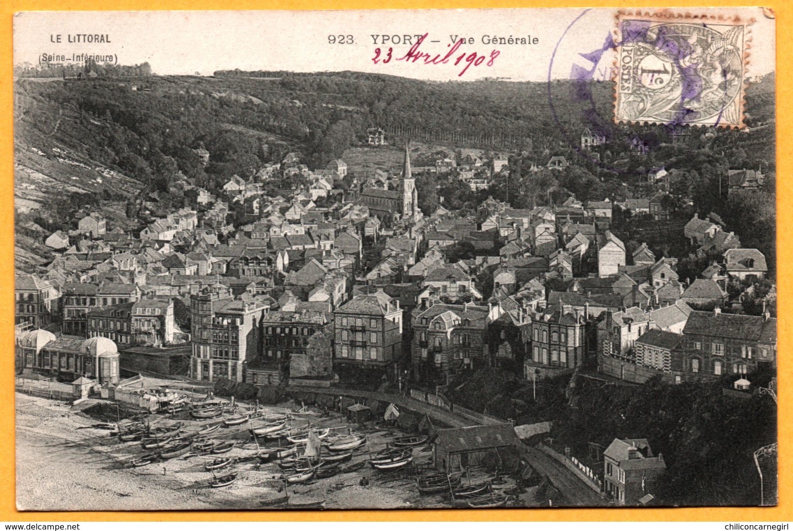 Yport - Vue générale - Barques - Eglise - Le Littoral - Animée - 1908 - ** Voir Oblitération **