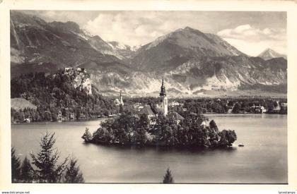 B077 Slovenia 1939 Bled Lake Yugoslavia Church RPPC vintage postcard