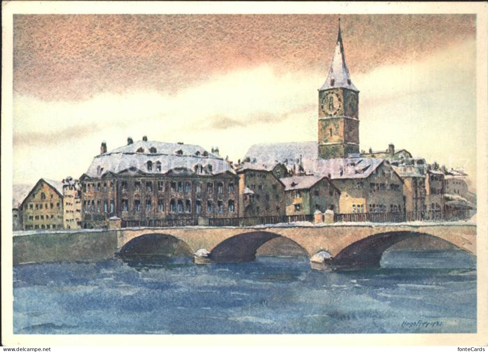 Zuerich St. Peterskirche mit Meise Helmhausbruecke Kuenstlerkarte Aquarell Hugo