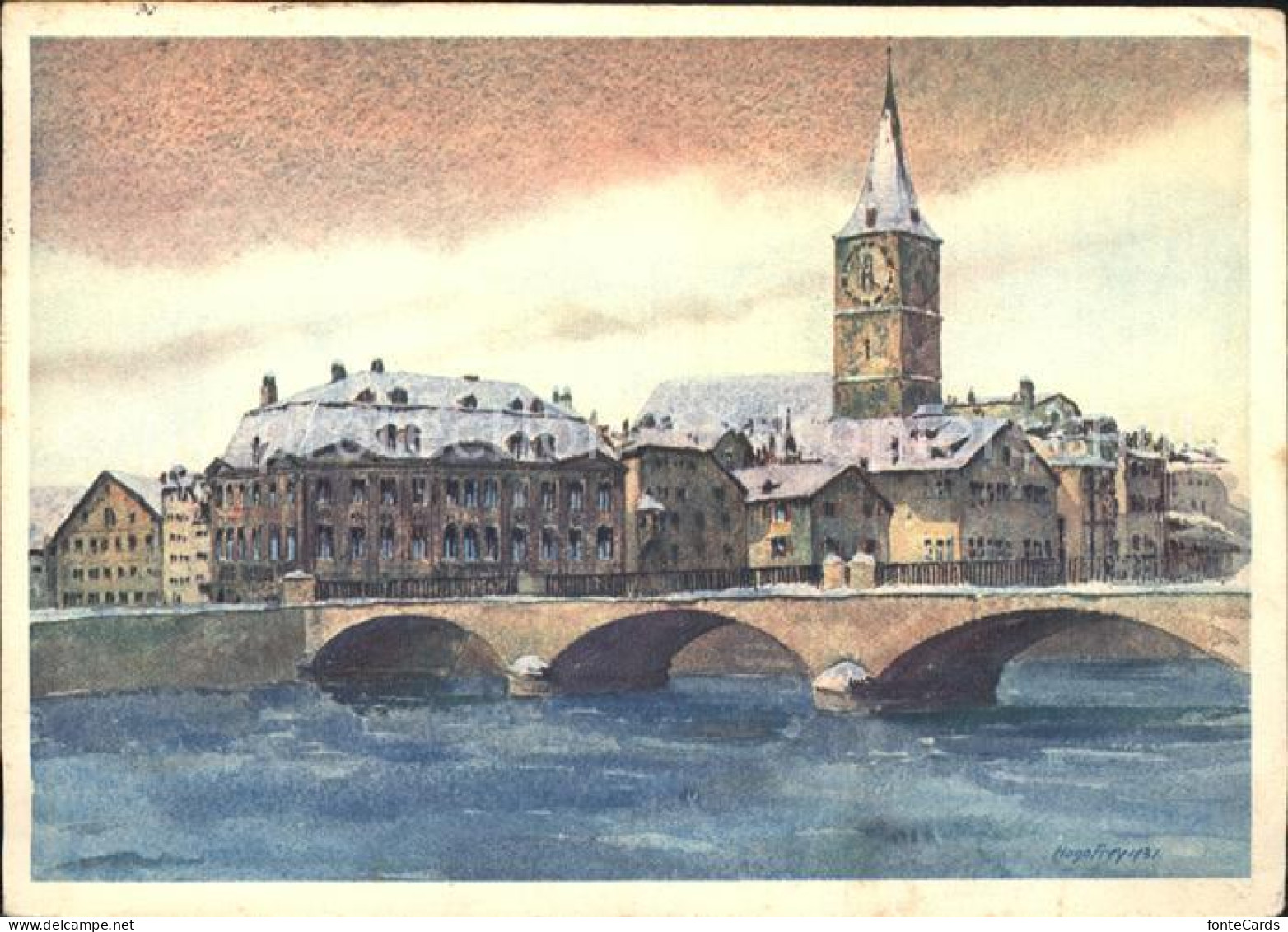 Zuerich St Peterskirche mit Meise und Helmhausbruecke