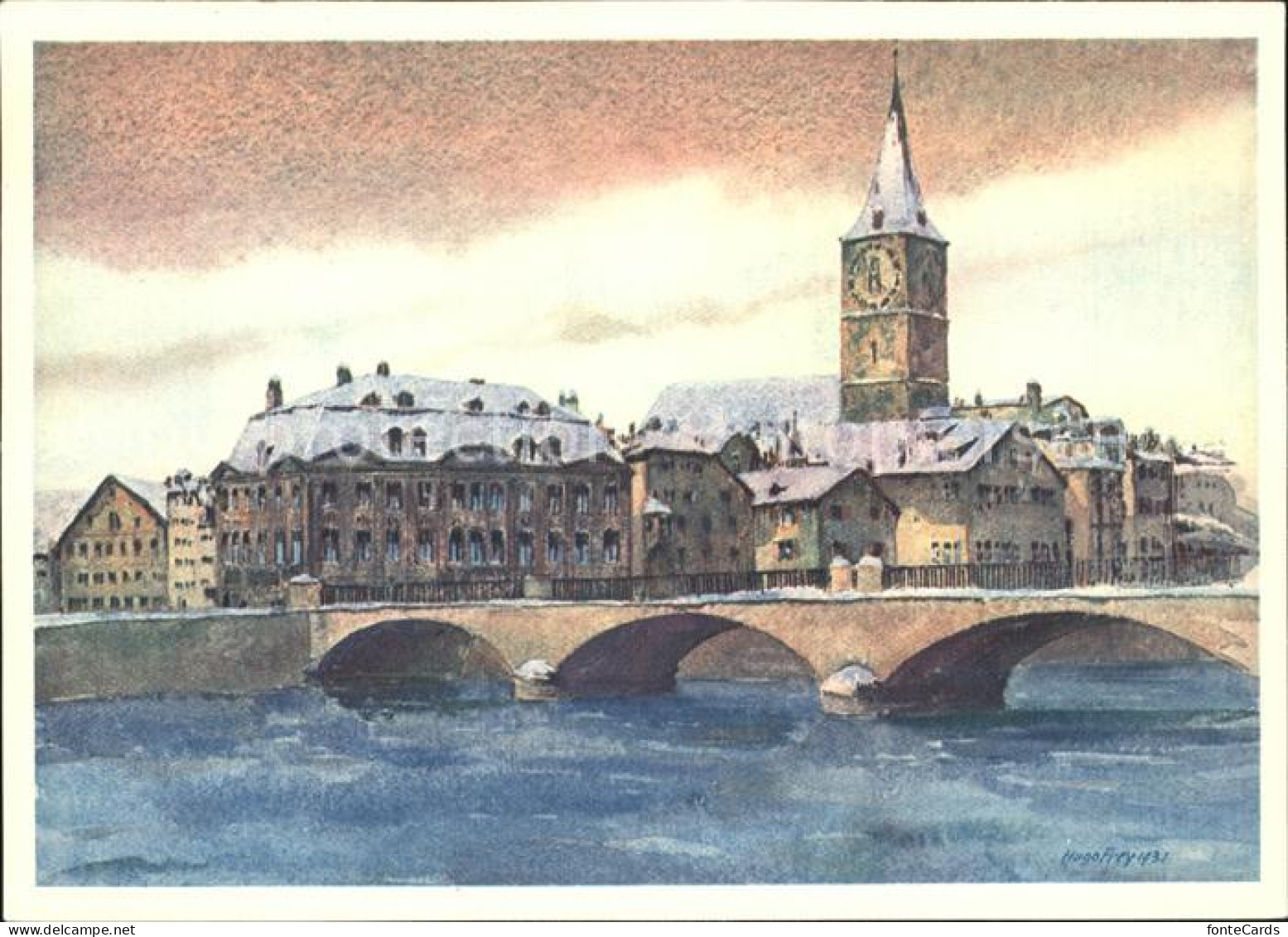 Zuerich St Peterskirche mit Meise und Helmhausbruecke