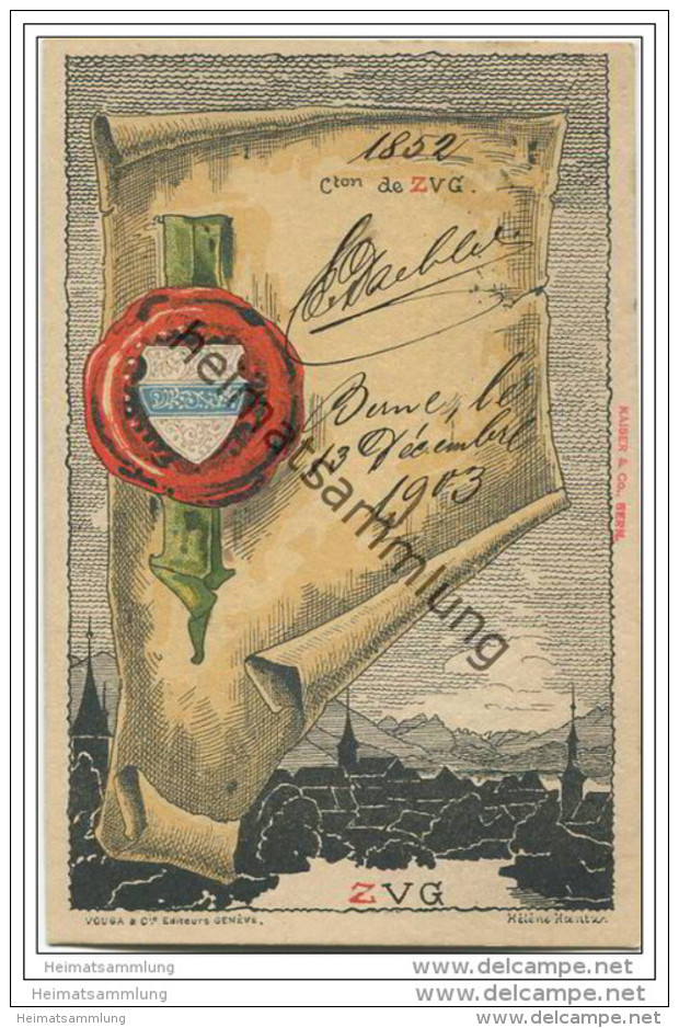 Zug - Künstlerkarte von Helène Hantz - Canton de Zug - mit der Silouette von Zug