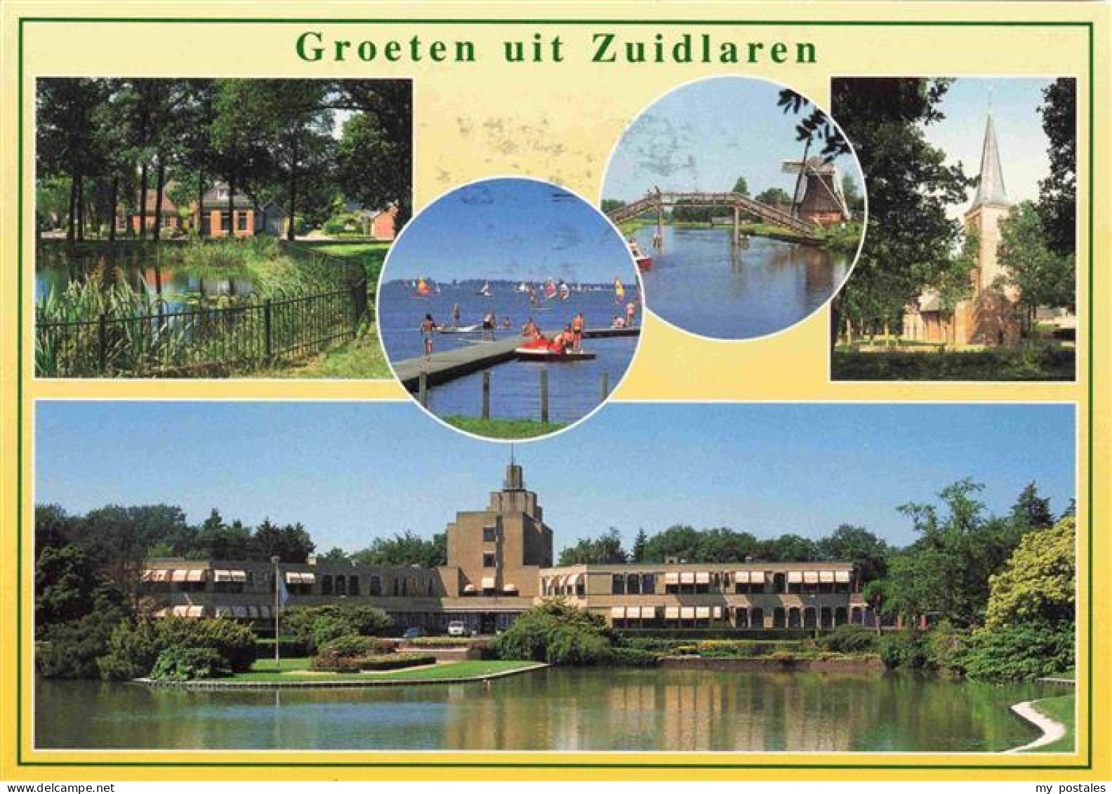 Zuidlaren Park Panorama Seebruecke Windmuehle Kirche Hotelanlage