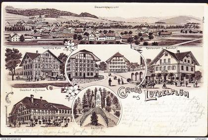um 1900 ungelaufene Litho-AK: Gruss aus Lützelflüh. 6 bildrig. Rückseitig etwas fleckig.