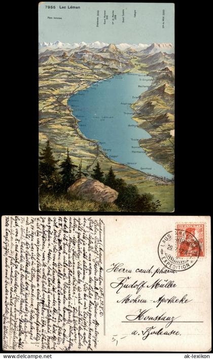 Genf Genève Panoramakarte des Genfersees mit Alpen und Ortschaften 1912