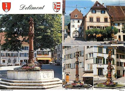 Carte Postale - Suisse - JU Jura - Delémont - Multivues - Fontaines Vierge, Lion, St. Maurice, Sauvage - Blasons - CPM -