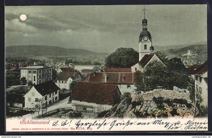 AK Schönenwerd, Strassenpartie mit Kirche bei Mondschein