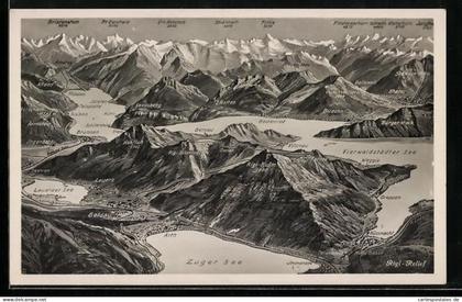 Künstler-AK Rigi-Kulm, Panorama mit Vitznau, Gersau und Greppen, Finsteraarhorn, Wetterhorn und Jungfrau