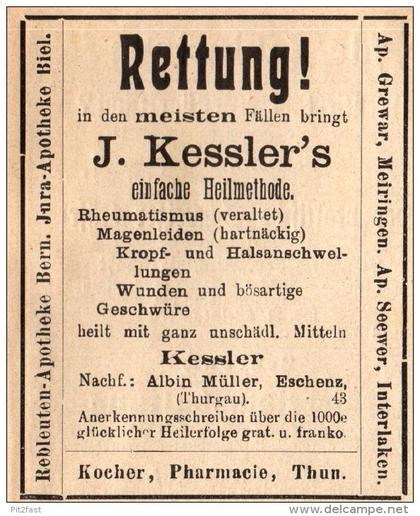 original Werbung - 1911 - Rettung , A. Müller in Eschenz b. Frauenfeld und Kocher in Thun , Arzt , Heilung !!!