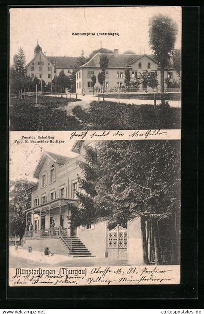 AK Münsterlingen /Thurgau, Westflügel des Kantonspitals, Hotel-Pension Schelling