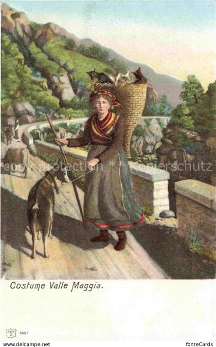 Val Maggia Maggiatal Valle Maggia Vallemaggia TI Tracht Frau Ziege Katzen Korb B