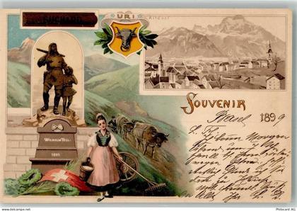 6460 Altdorf UR 1899 Lithographie Denkmal Wilhlem Tell Tracht Wappen Uri... - 13568419